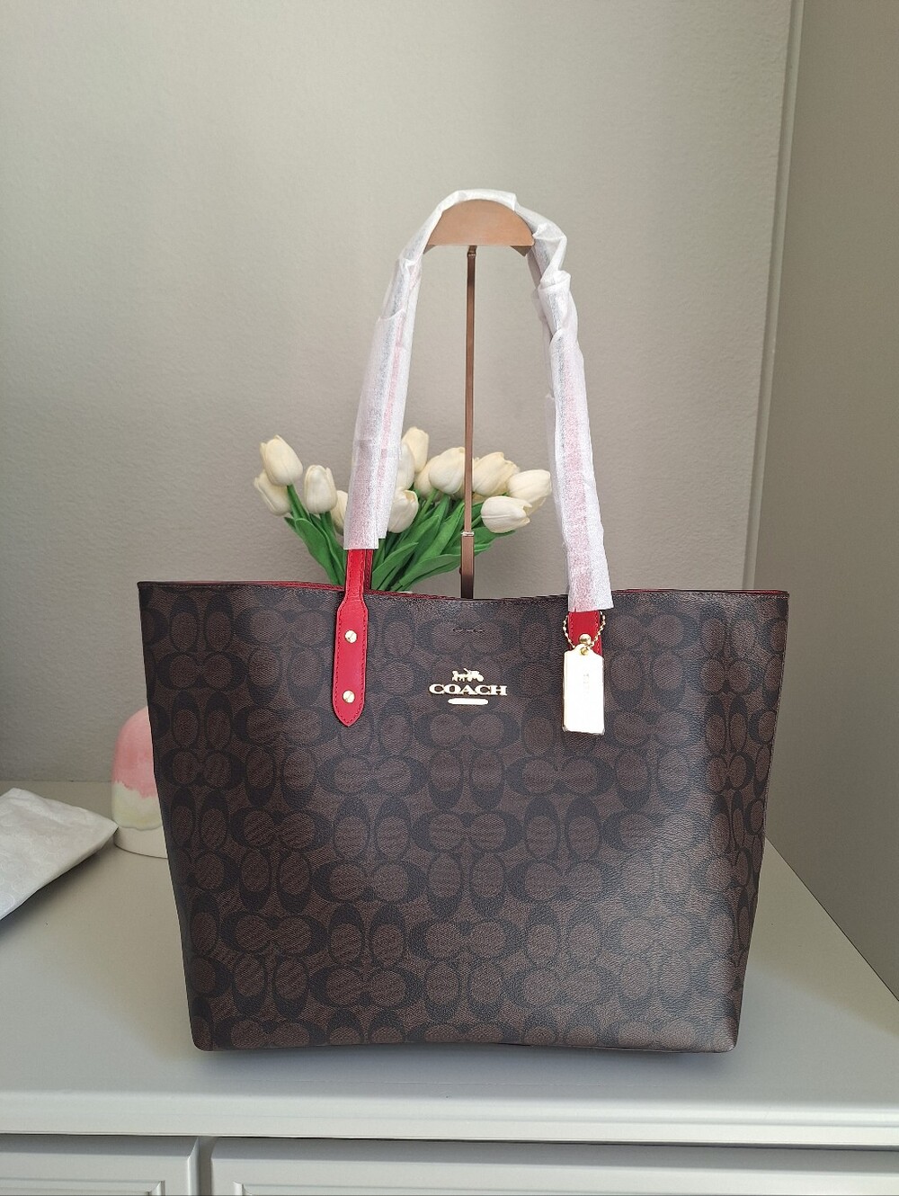 NWT COACH Reversible Tote In Signature Canvas Brown/ Red $350